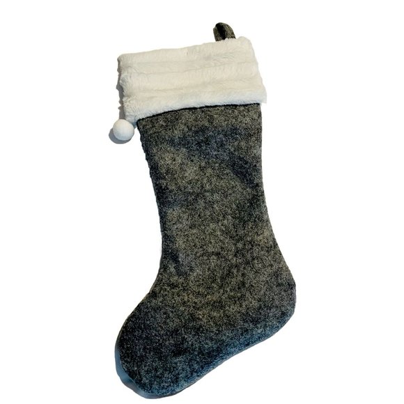 Gray Felt Christmas Stocking White Plush Pom Pom Cuff 20 Inch December Home Gift - Picture 2 of 5